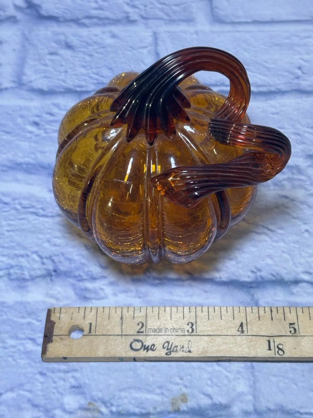 Glass Amber Pumpkin Hand Blown Crackle Finish Thanksgiving Curly Steam Pier One
